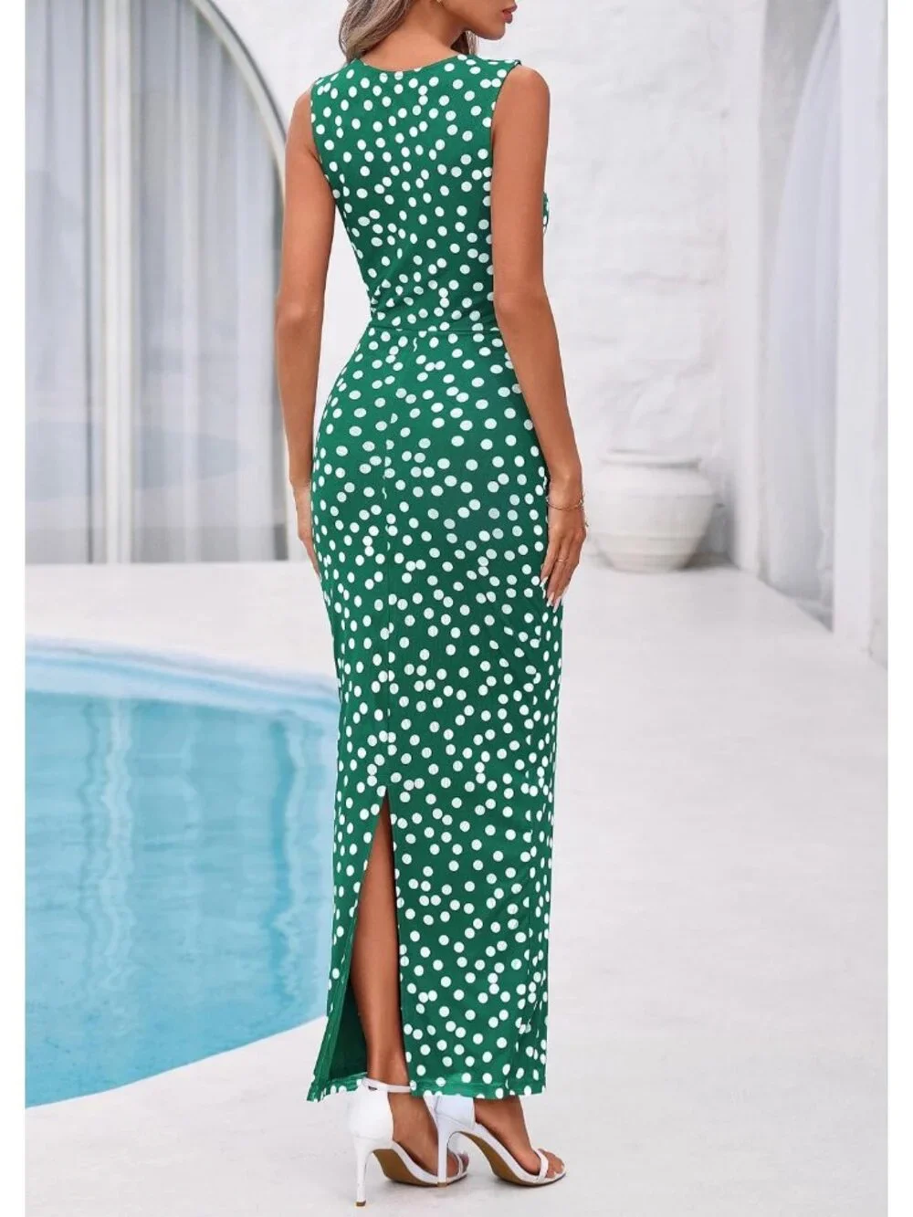 Women's Dot Green Polyester Elastane Mesh Sleeveless Bodycon Long Maxi Dress - Picture 4 of 6
